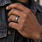 Lifestyle view of 8mm Black & Gray Tungsten Stepped-Edge Band worn on hand