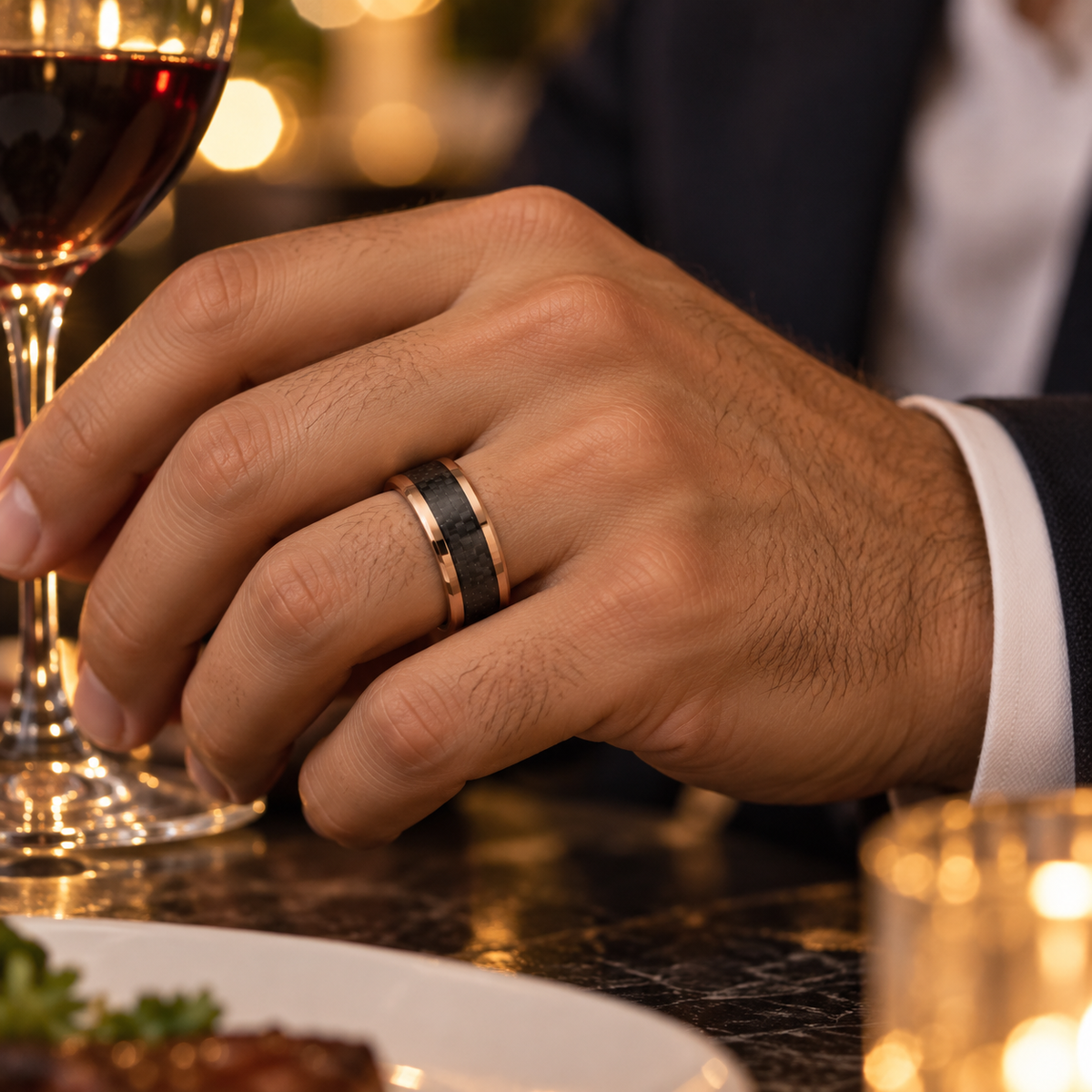 Lifestyle view of 8mm Black & Rose Tungsten Carbon Fiber Inlay Band worn on hand