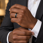 Lifestyle view of 8mm Black & Rose Tungsten Hammered Band worn on hand