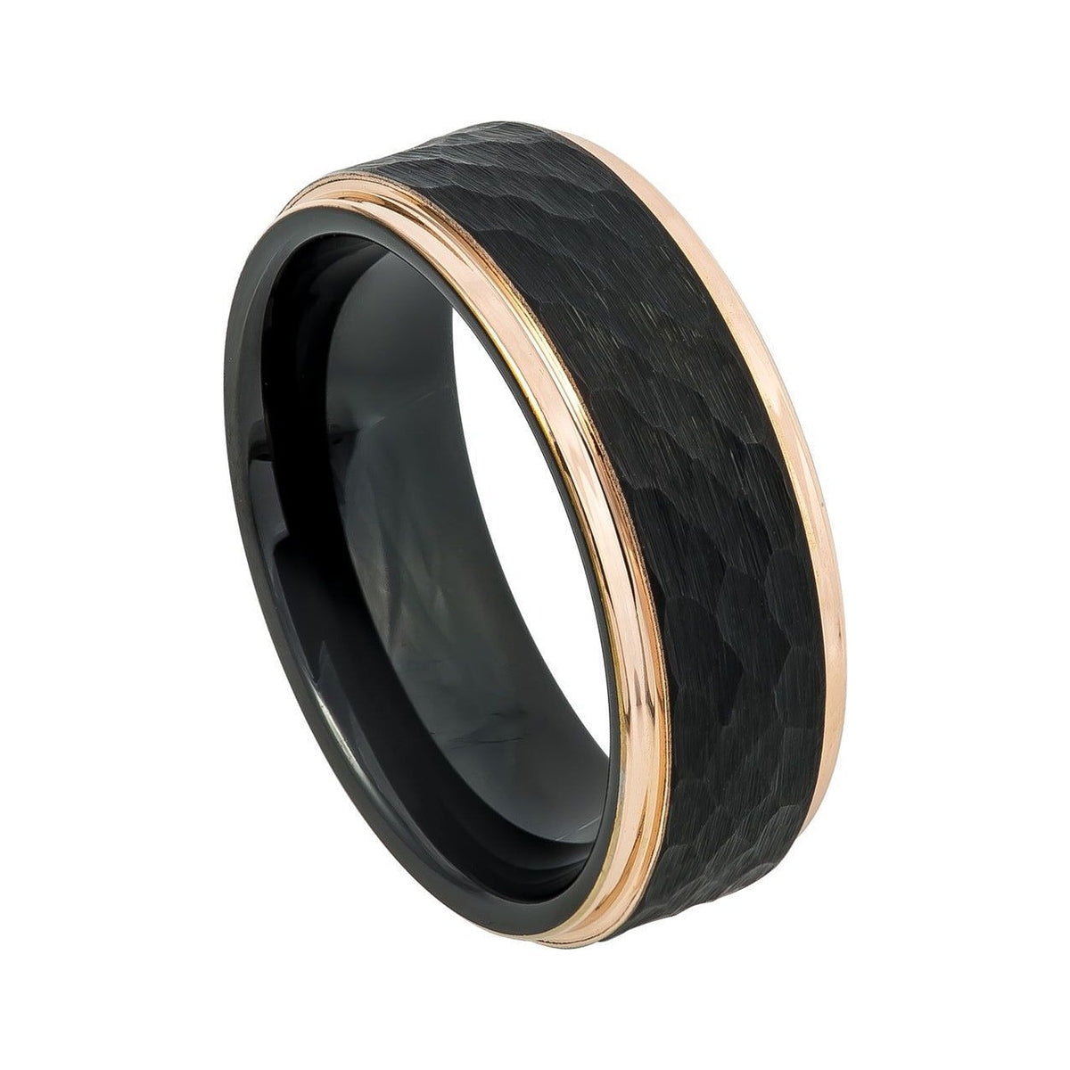 A black band ring with a hammered texture outer face and polished rose gold edges, shown on a plain white background.