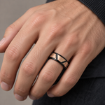 Lifestyle view of 8mm Black & Rose Tungsten Trapezoid Band worn on hand