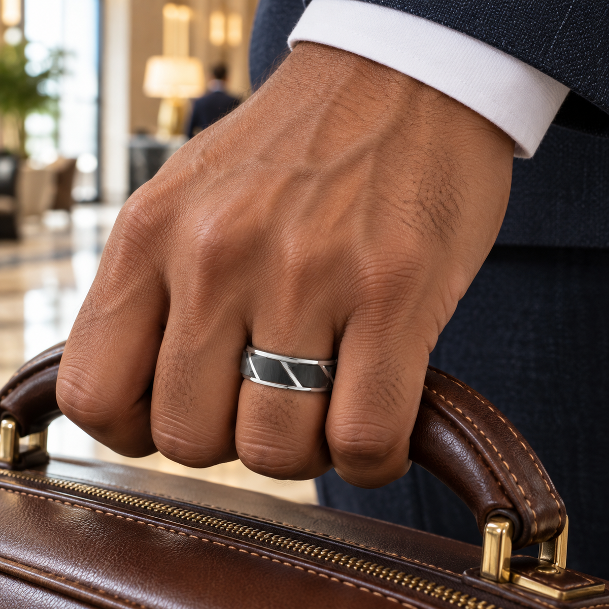 Lifestyle view of 8mm Black & Silver Tungsten Trapezoid Band worn on hand