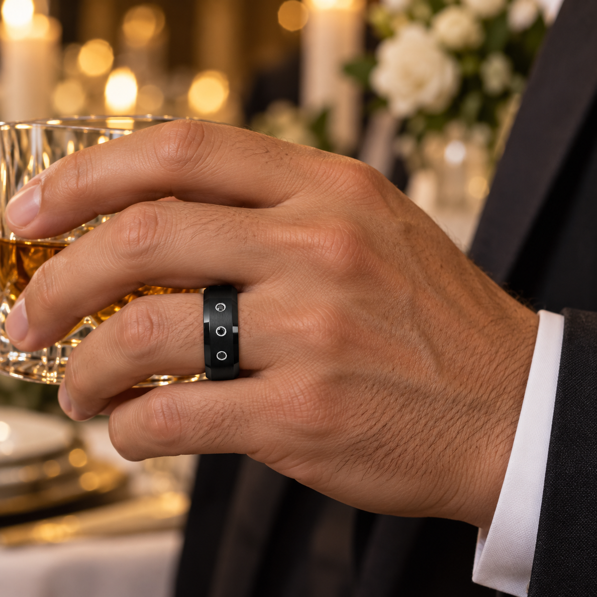 Lifestyle view of 8mm Black Tungsten Band with 3 Black Diamonds worn on hand
