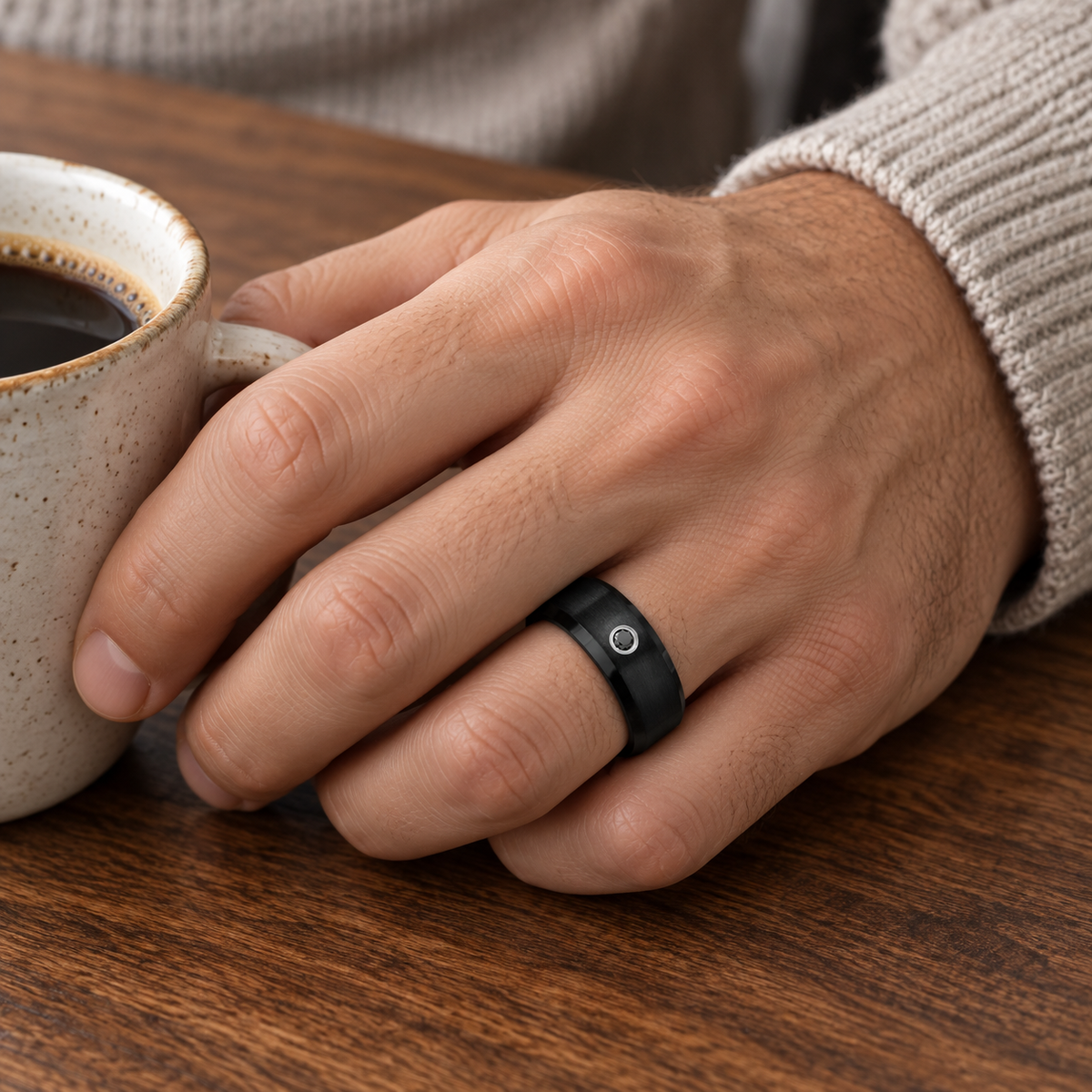 Lifestyle view of 8mm Black Tungsten Band with Black Diamond worn on hand