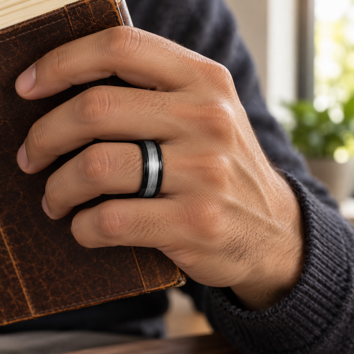 Lifestyle view of 8mm Black Tungsten Band with Brushed Gray Center worn on hand