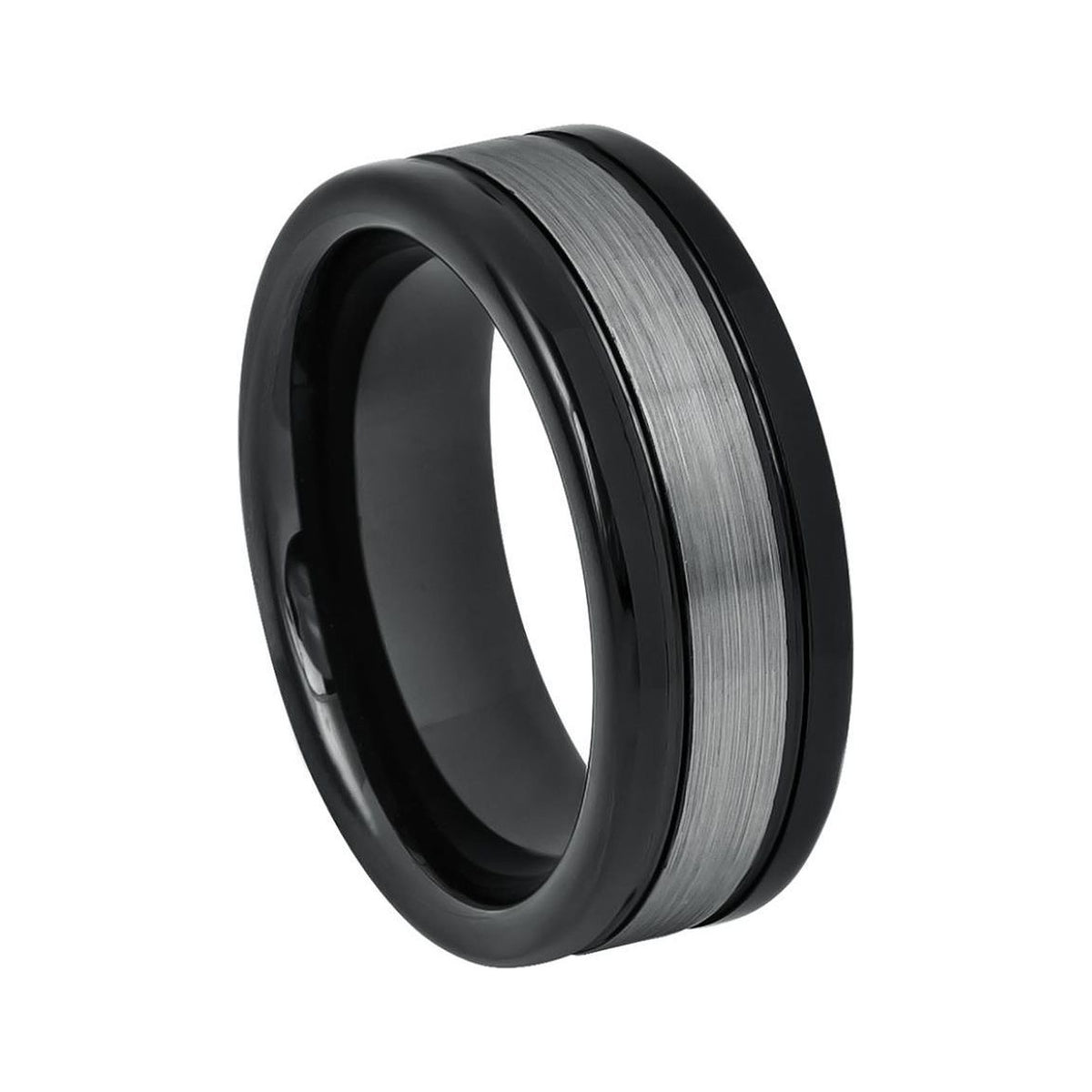 8mm Black Tungsten Band with Brushed Gray Center