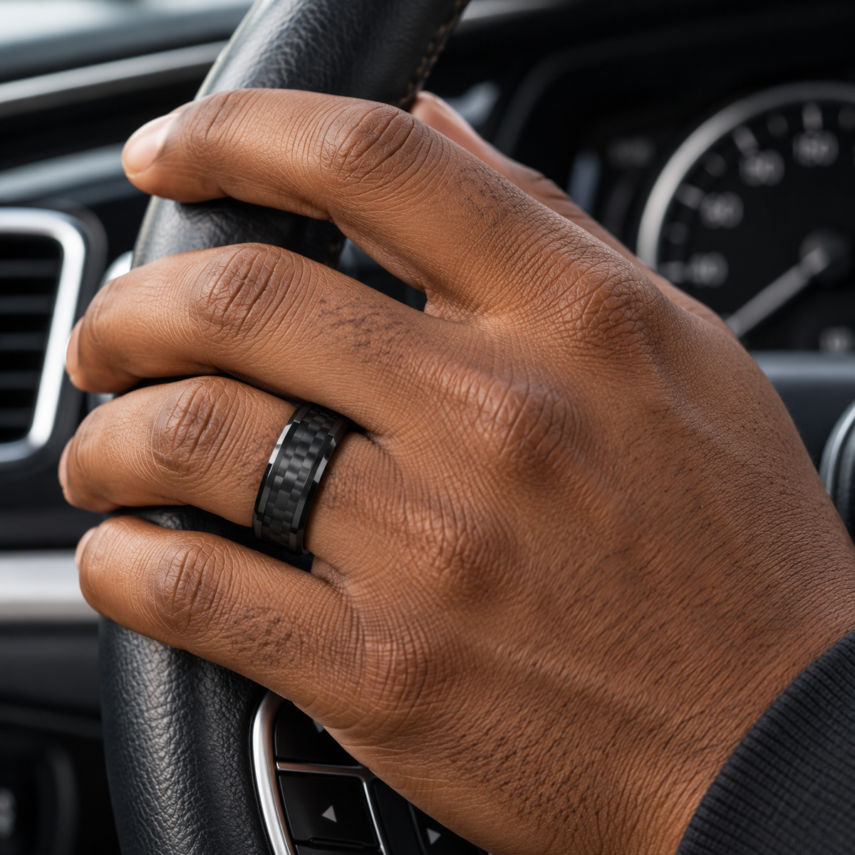 Lifestyle view of 8mm Black Tungsten Band with Carbon Fiber Inlay worn on hand