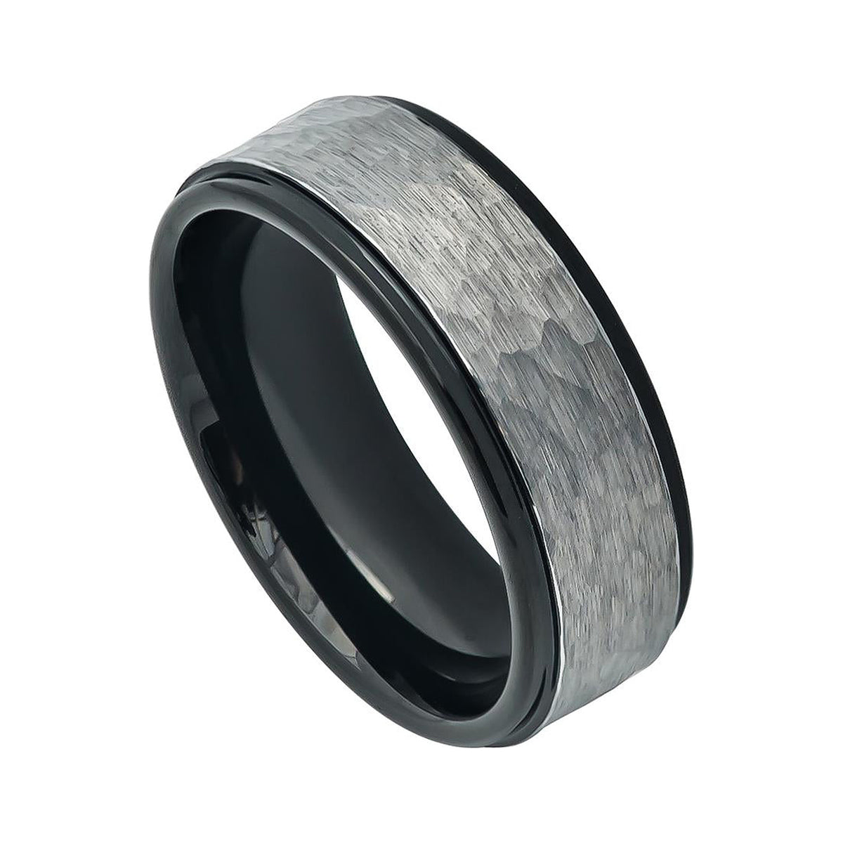 8mm Black Tungsten Band with Hammered Gray Center