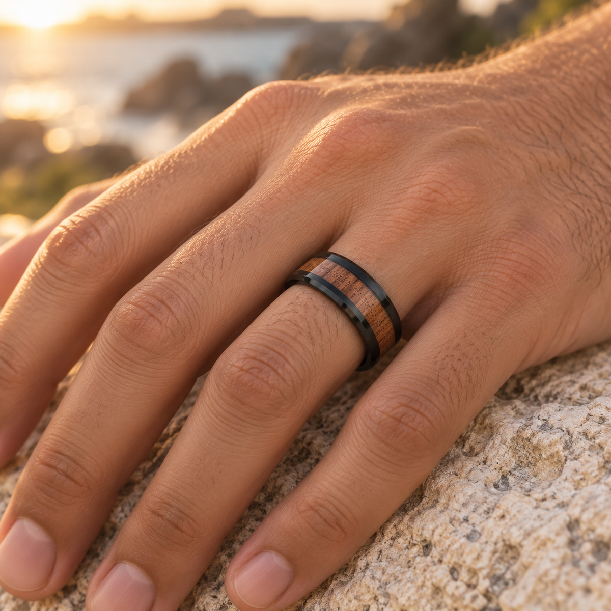 Lifestyle view of 8mm Black Tungsten Band with Hawaiian Koa Wood Inlay worn on hand