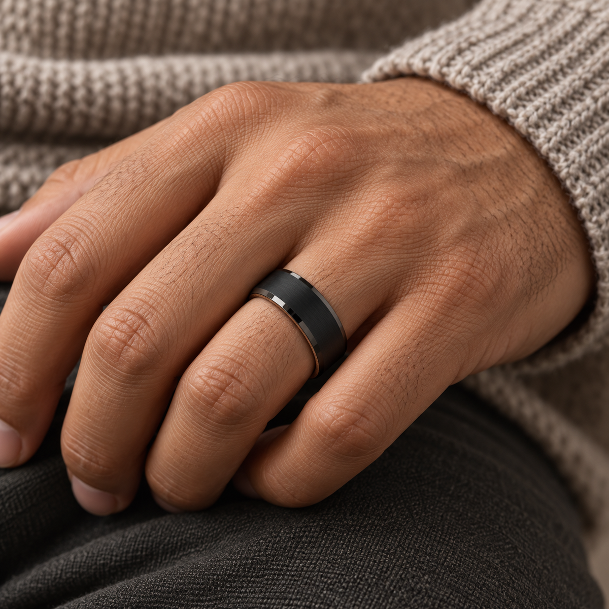 Lifestyle view of 8mm Black Tungsten Band with Mahogany Wood Sleeve worn on hand