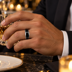 Lifestyle view of 8mm Black Tungsten Band with White Beveled Edges worn on hand