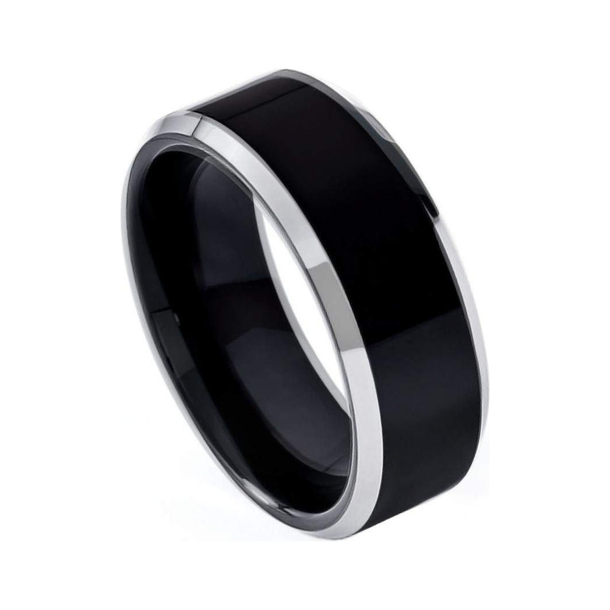 8mm Black Tungsten Band with White Beveled Edges