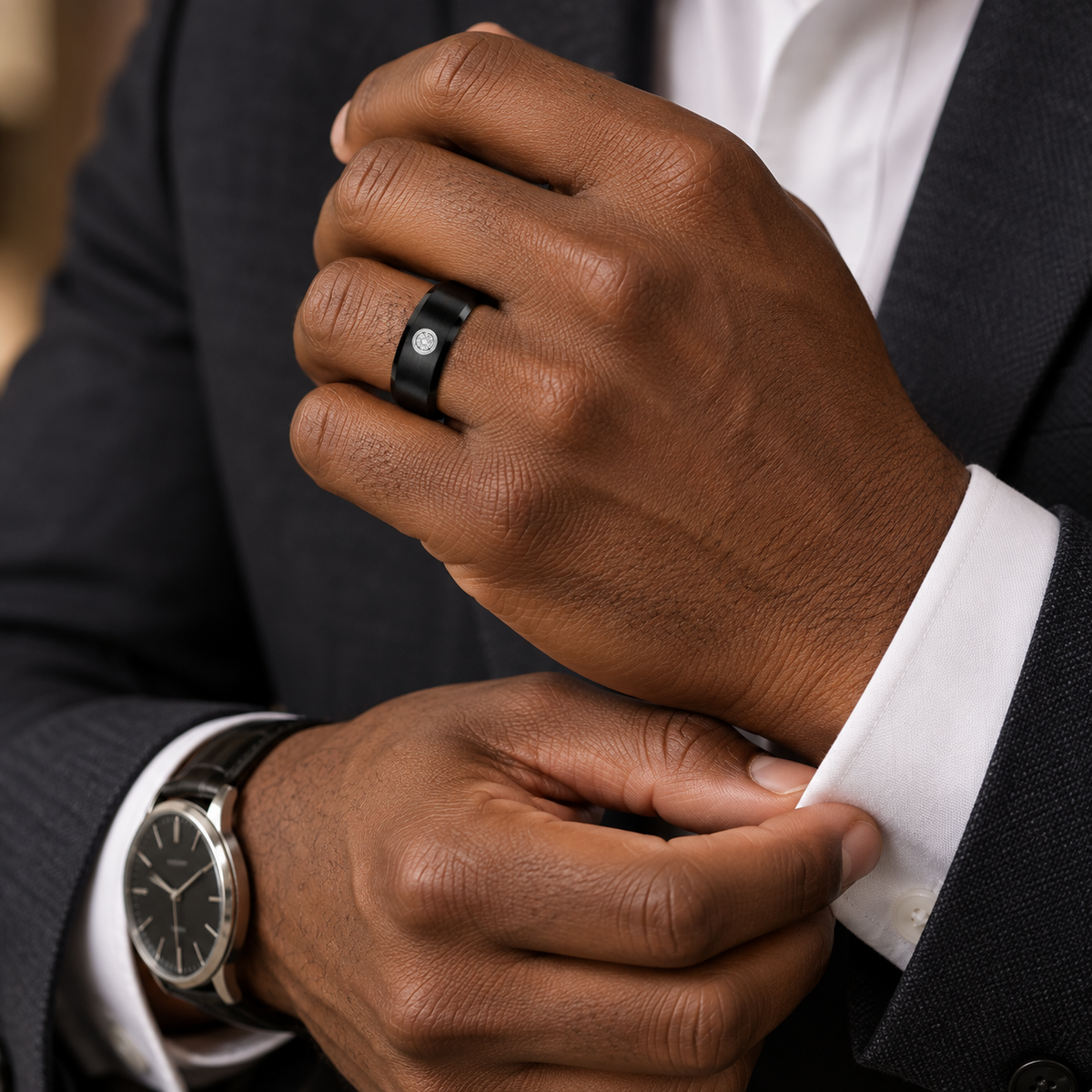 Lifestyle view of 8mm Black Tungsten Band with White Diamond worn on hand