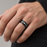 Lifestyle view of 8mm Black Tungsten Band with White Groove & Diamond worn on hand