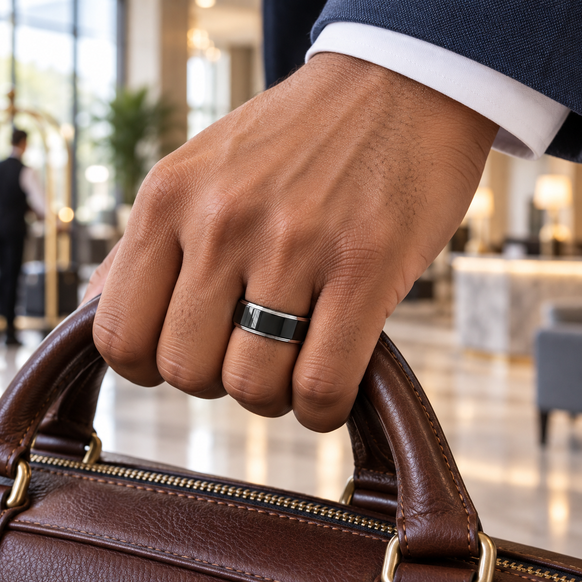 Lifestyle view of 8mm Black Tungsten Band with White Stepped Edges worn on hand