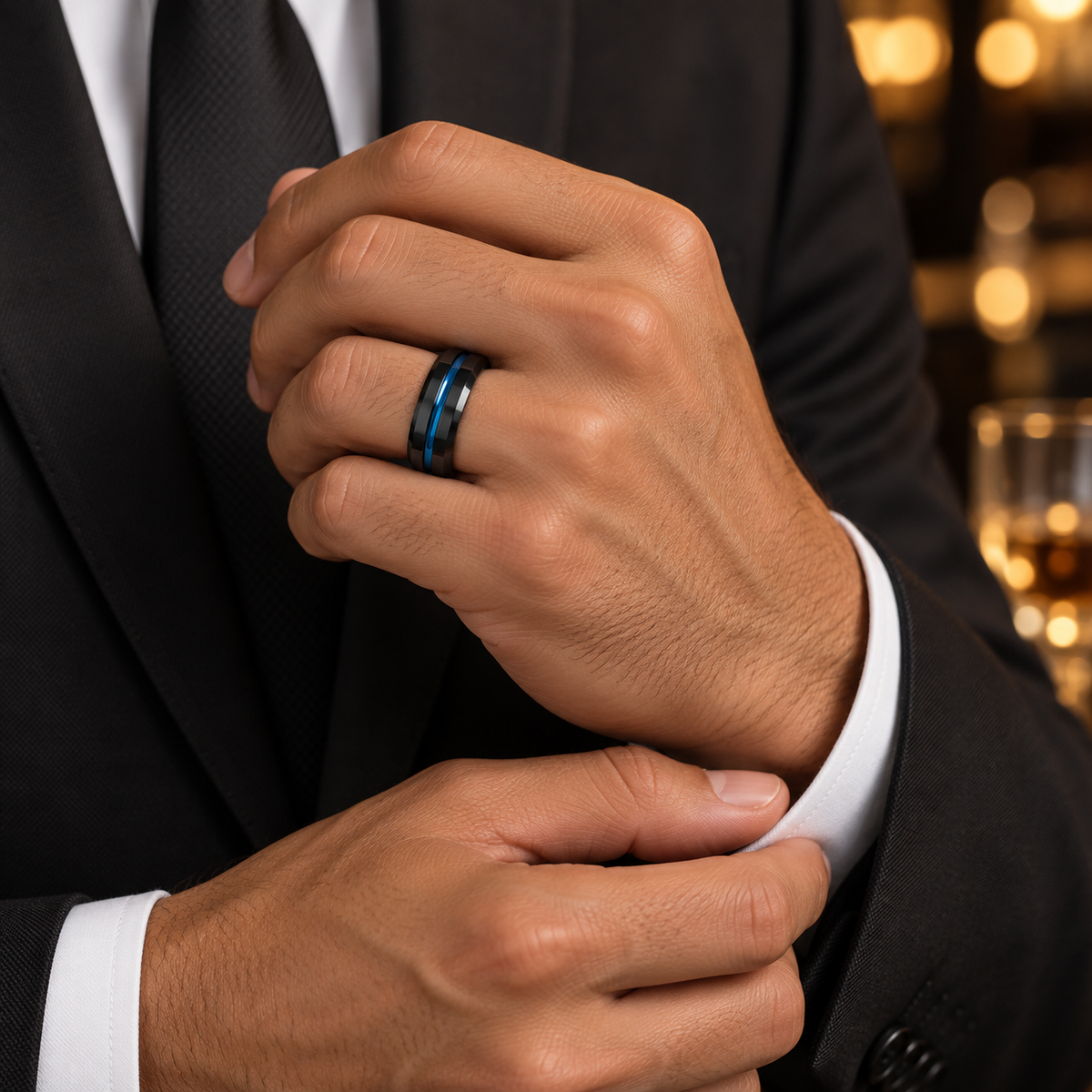 Lifestyle view of 8mm Black Tungsten Beveled Band with Blue Groove worn on hand