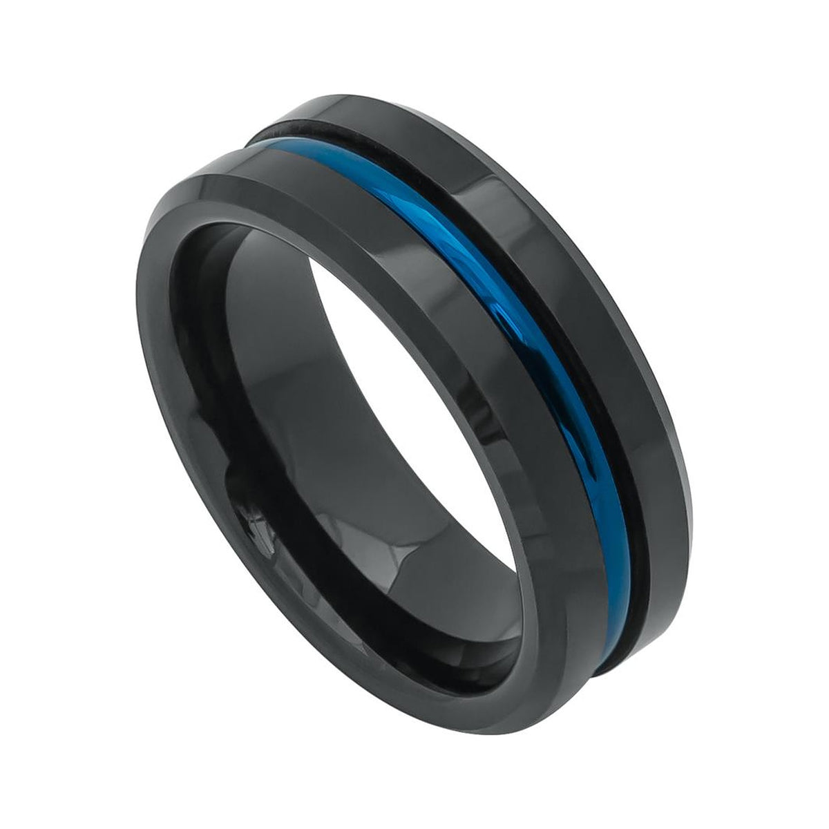 8mm Black Tungsten Beveled Band with Blue Groove