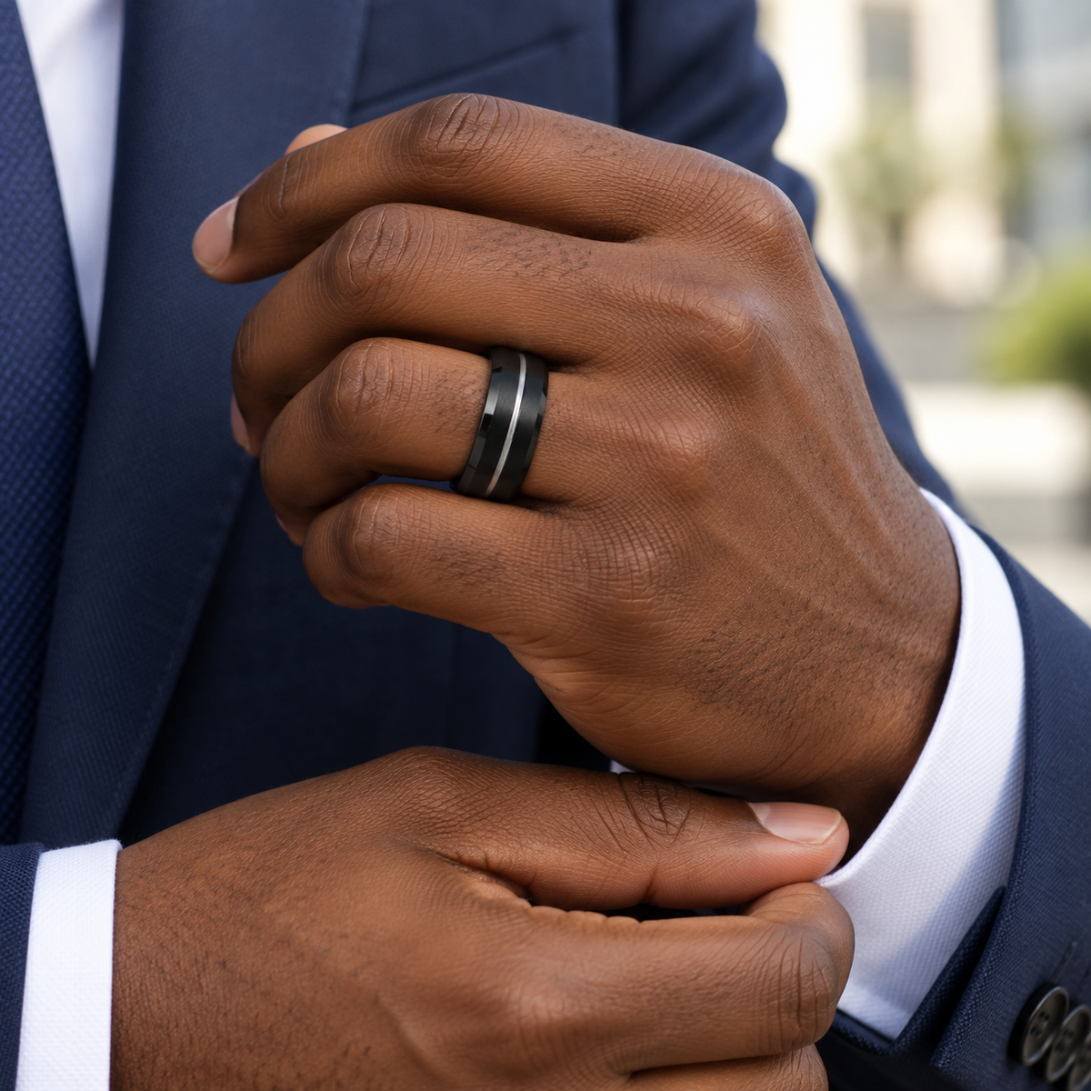 Lifestyle view of 8mm Black Tungsten Beveled Band with Gray Groove worn on hand
