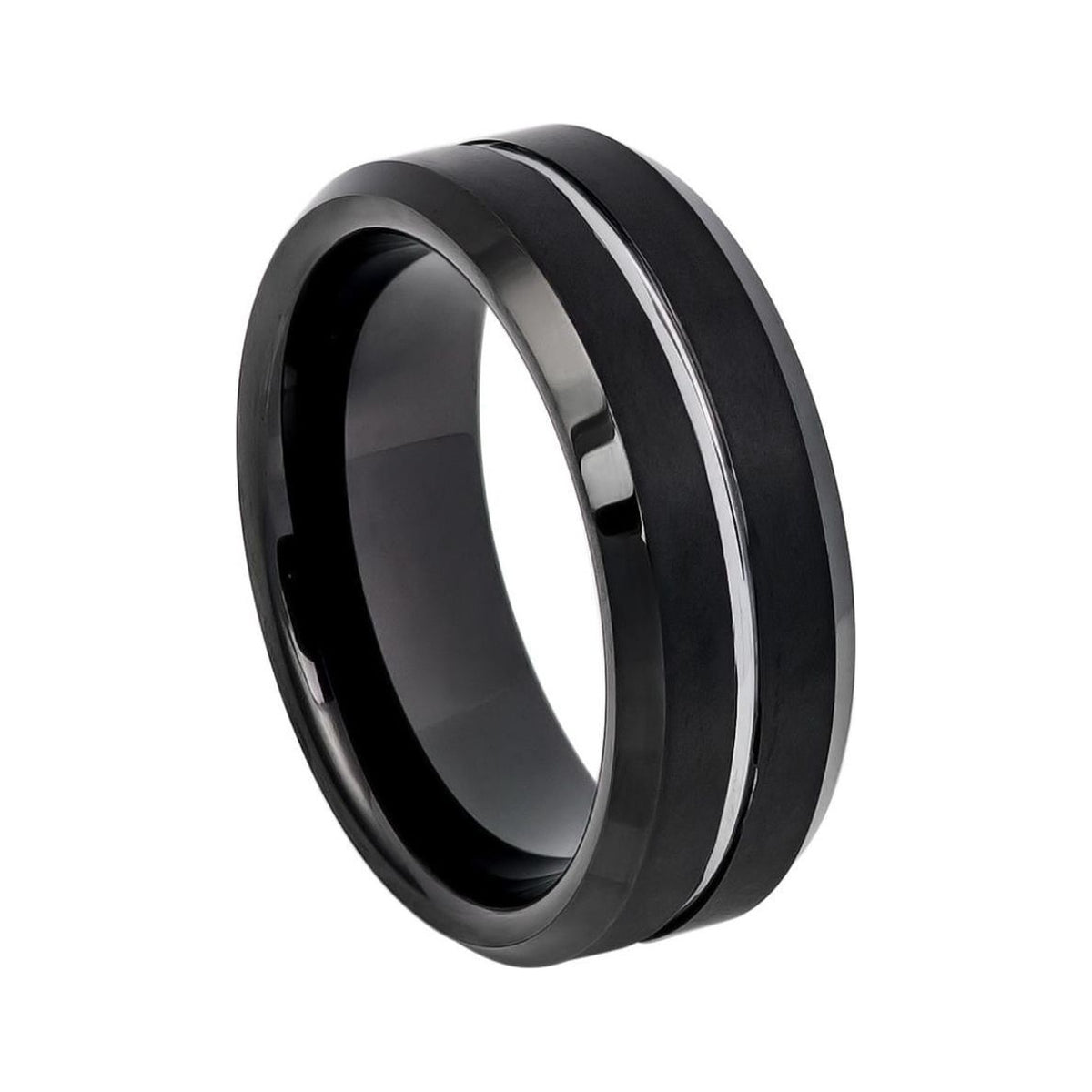 8mm Black Tungsten Beveled Band with Gray Groove