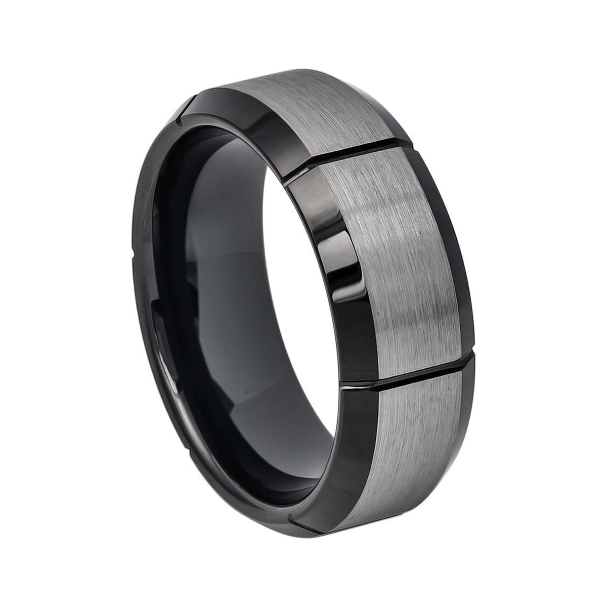 8mm Black Tungsten Beveled Band with Gray Grooved Center