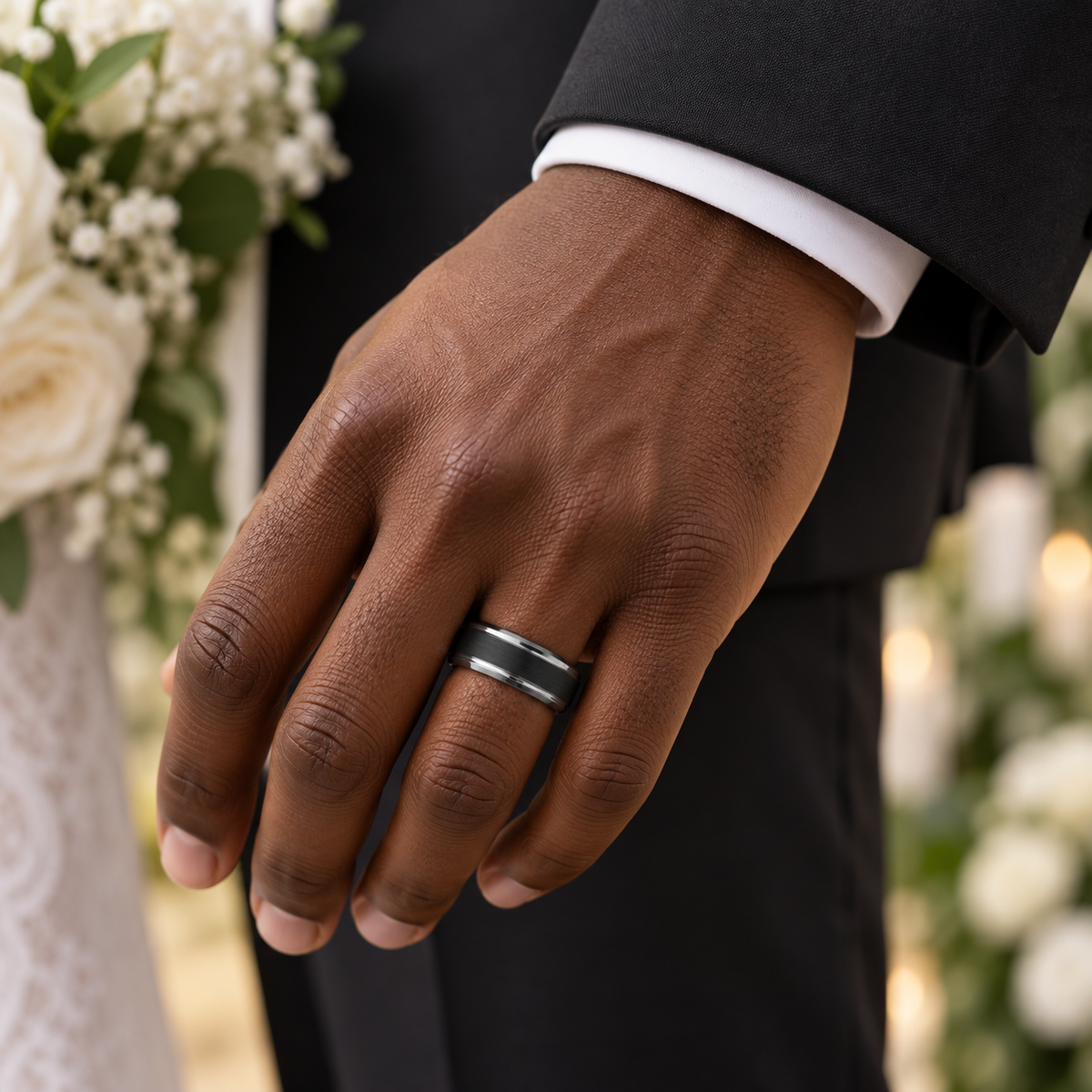 Lifestyle view of 8mm Black Tungsten Brushed Band with Double White Grooves worn on hand