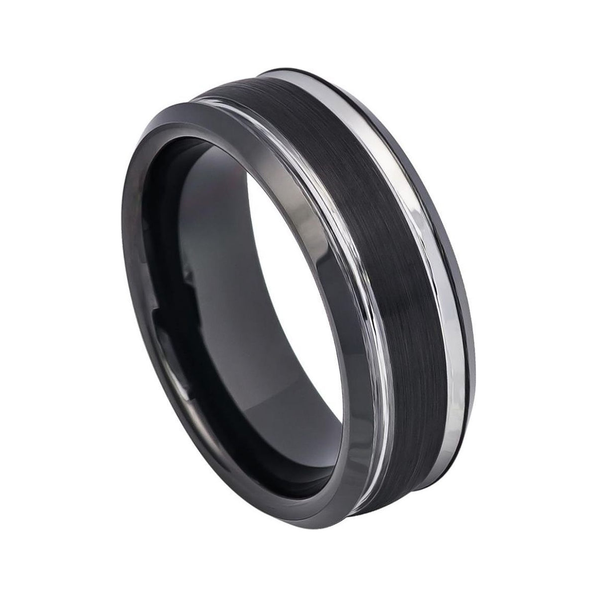8mm Black Tungsten Brushed Band with Double White Grooves