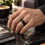 Lifestyle view of 8mm Black Tungsten Brushed Band with High-Polish Beveled Edges worn on hand