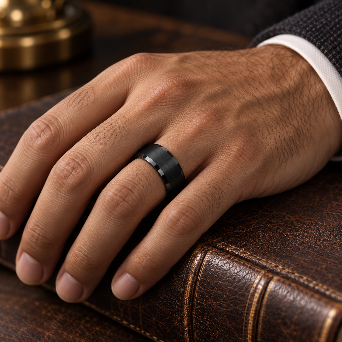 Lifestyle view of 8mm Black Tungsten Brushed Band with Polished Beveled Edges worn on hand