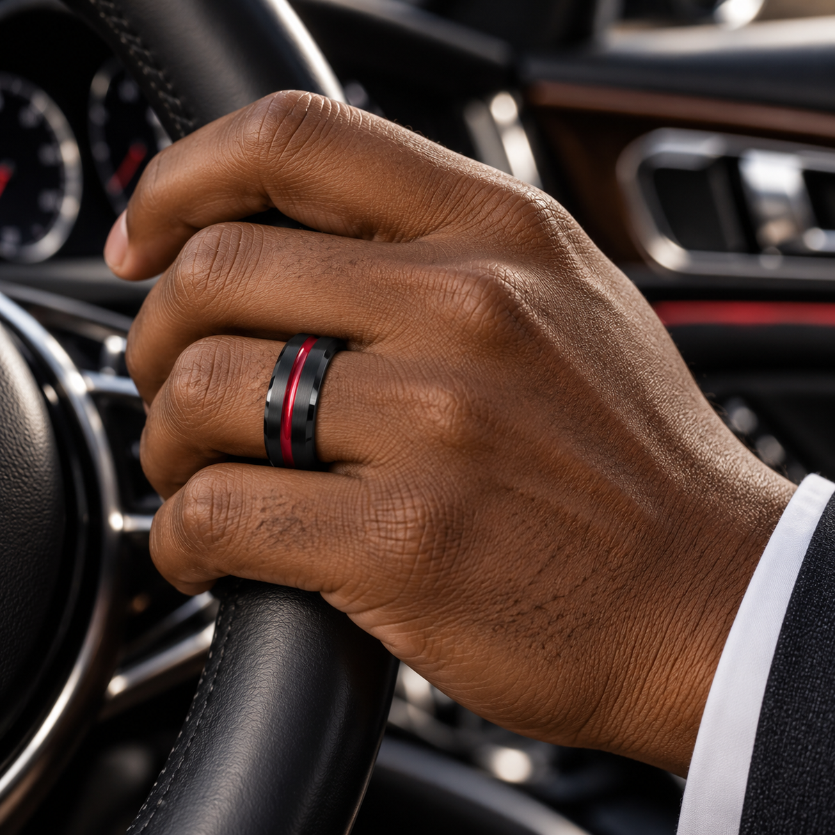 Lifestyle view of 8mm Black Tungsten Brushed Band with Red Groove worn on hand