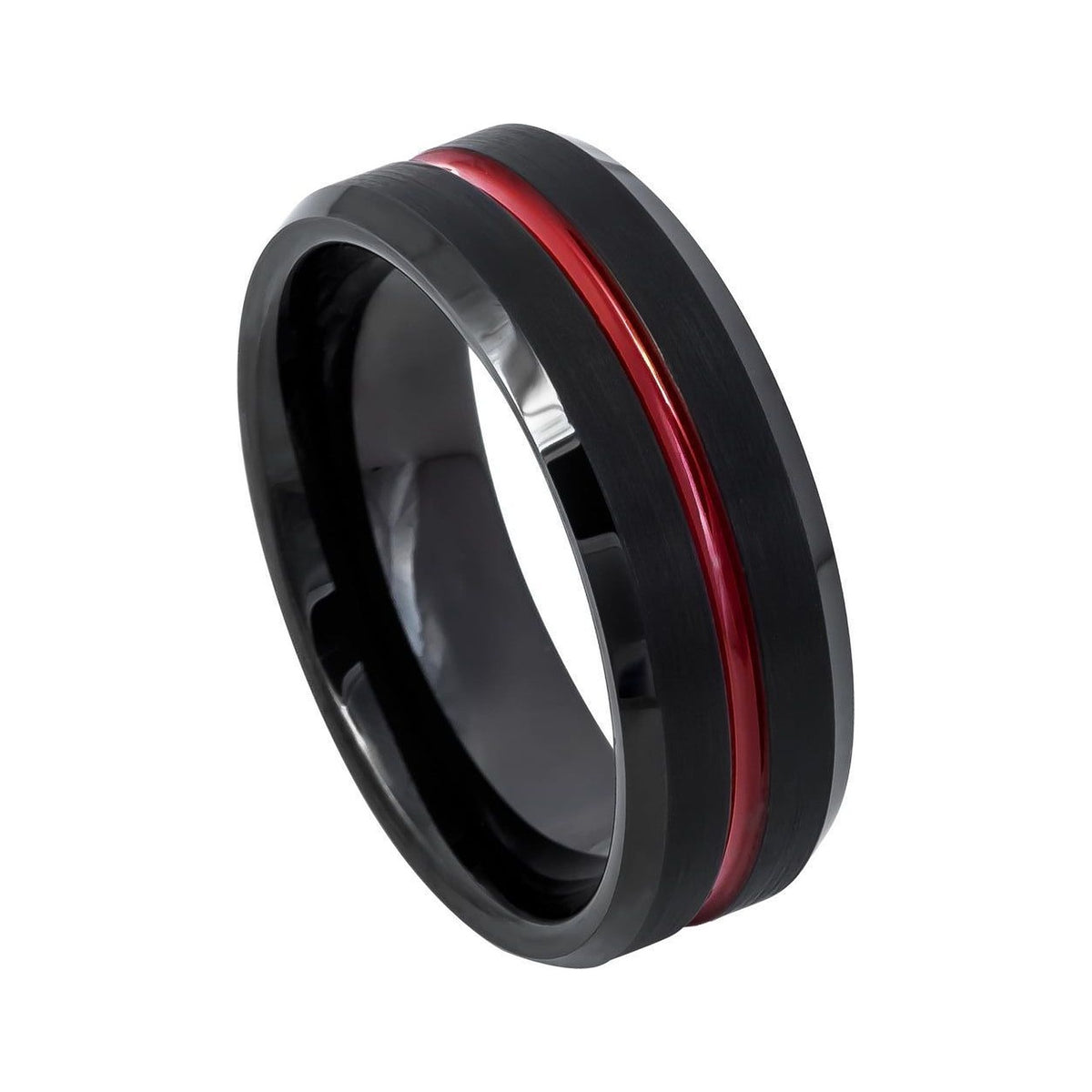 8mm Black Tungsten Brushed Band with Red Groove