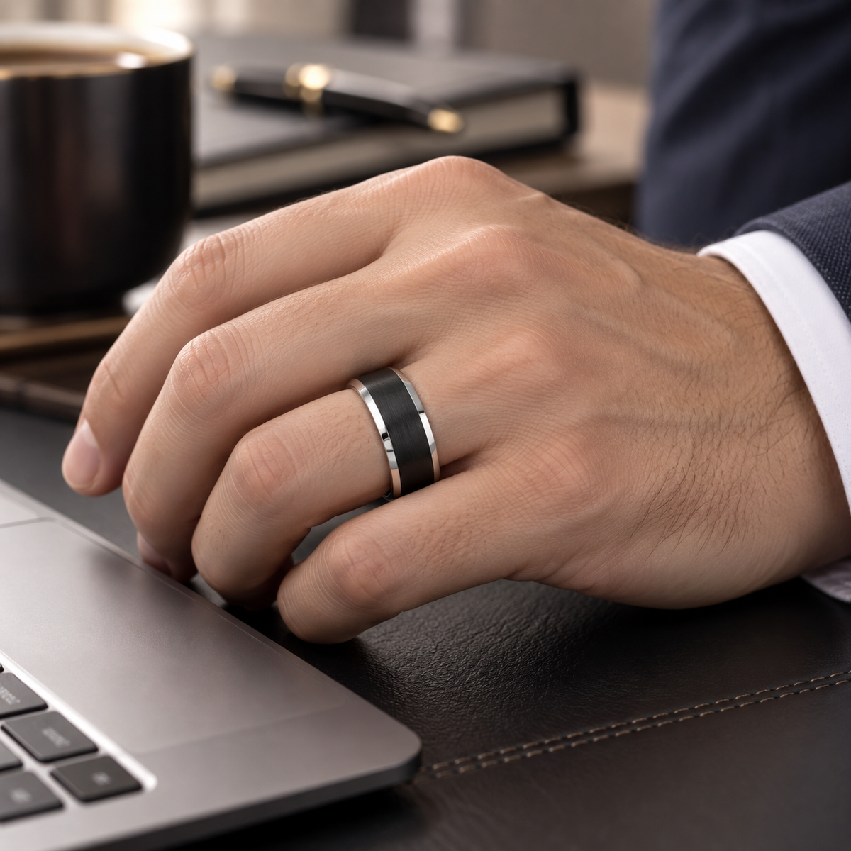 Lifestyle view of 8mm Black Tungsten Brushed Band with White Beveled Edges worn on hand
