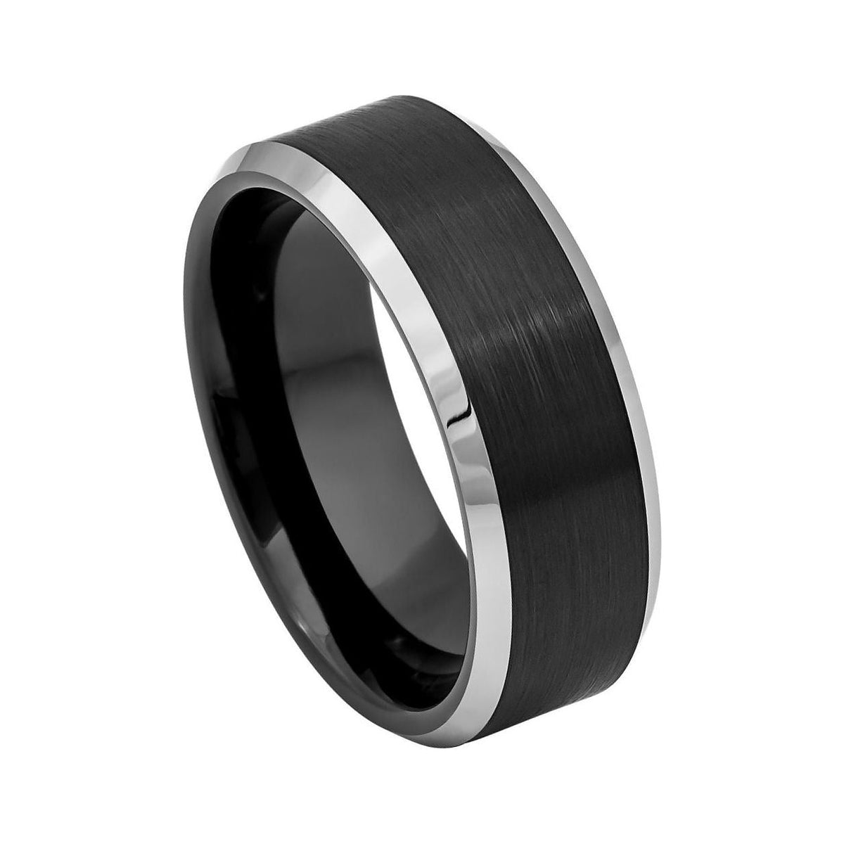 8mm Black Tungsten Brushed Band with White Beveled Edges