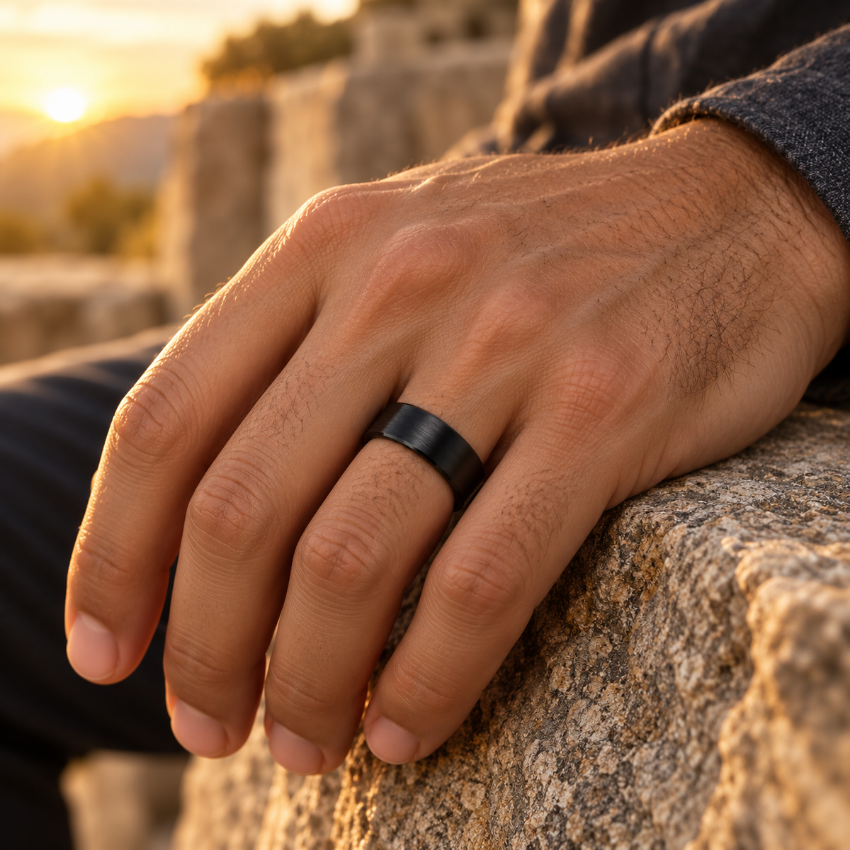 Lifestyle view of 8mm Black Tungsten Brushed Domed Band worn on hand