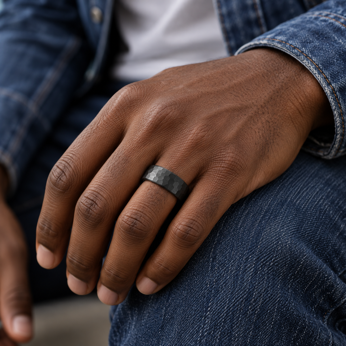 Lifestyle view of 8mm Black Tungsten Brushed Hammered Band worn on hand