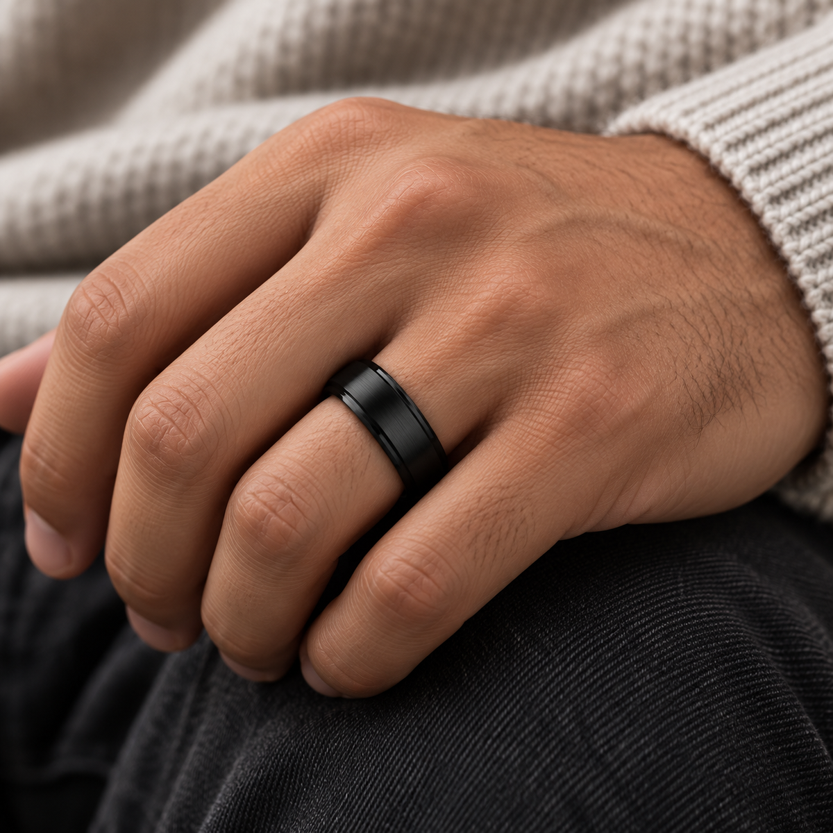 Lifestyle view of 8mm Black Tungsten Brushed Stepped-Edge Band worn on hand