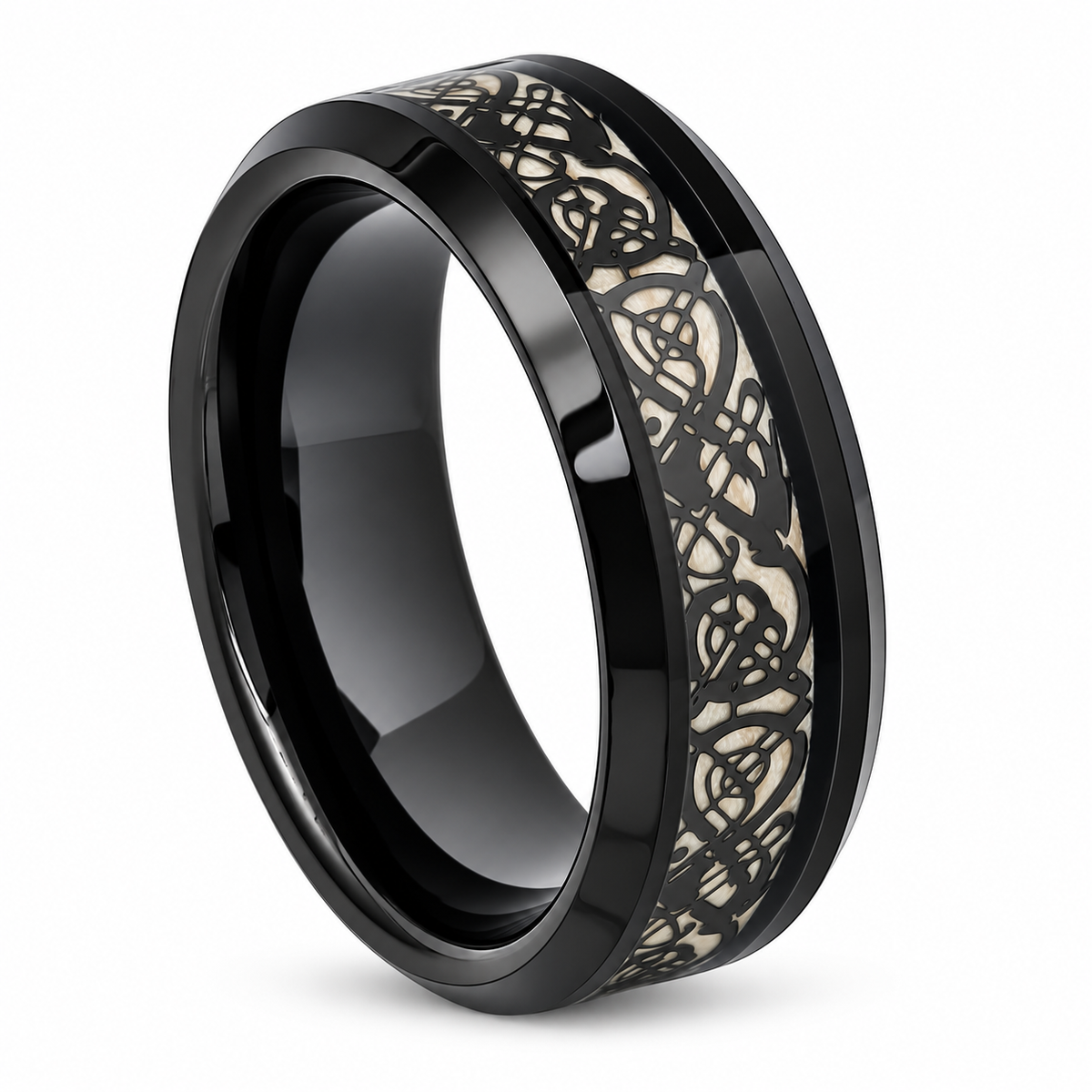 8mm black tungsten Celtic cut-out inlay band on white background