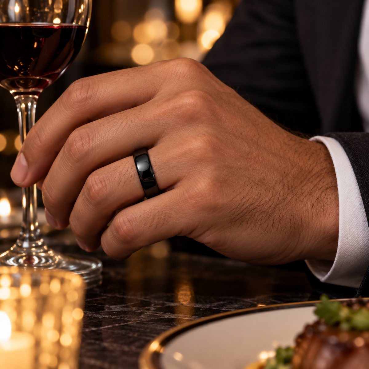 Lifestyle view of 8mm Black Tungsten Classic High-Polish Domed Band worn on hand