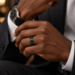 Lifestyle view of 8mm Black Tungsten Cross Band worn on hand