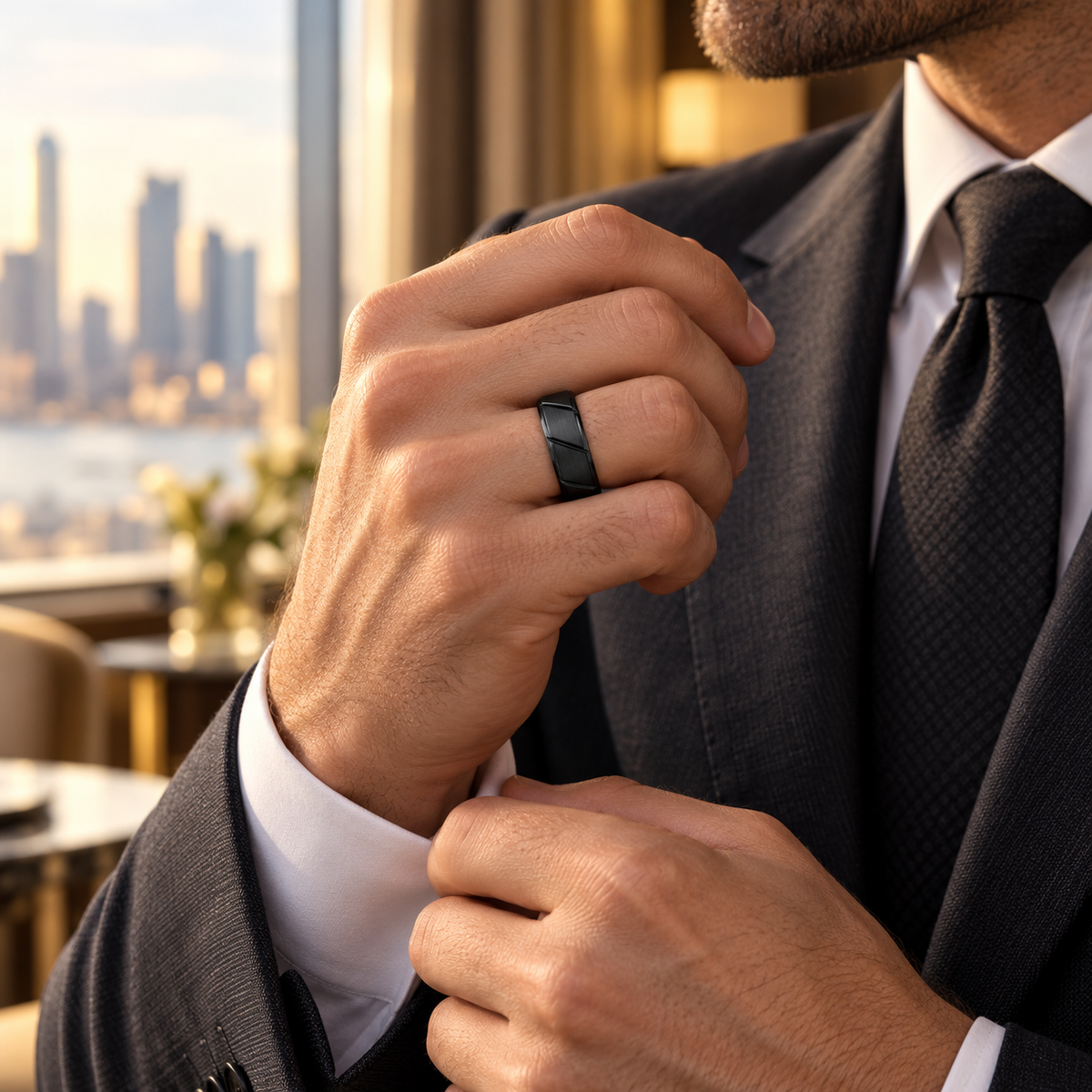 Lifestyle view of 8mm Black Tungsten Diagonal-Groove Band worn on hand