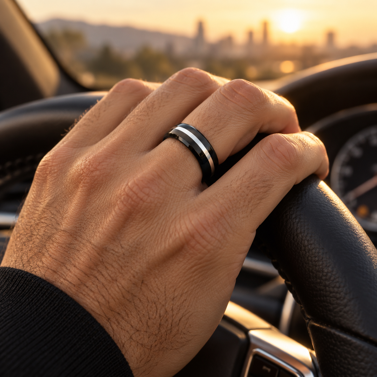 Lifestyle view of 8mm Black Tungsten Domed Band with White Center Line worn on hand