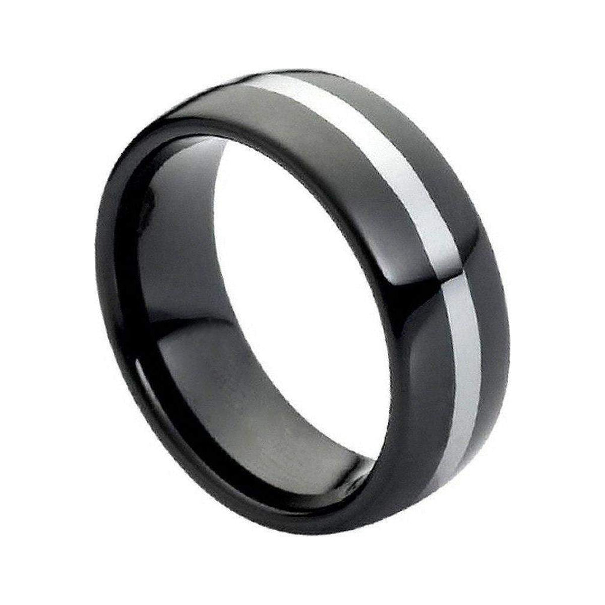 8mm Black Tungsten Domed Band with White Center Line