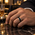 Lifestyle view of 8mm Black Tungsten Domed Band with White Stepped Edges worn on hand