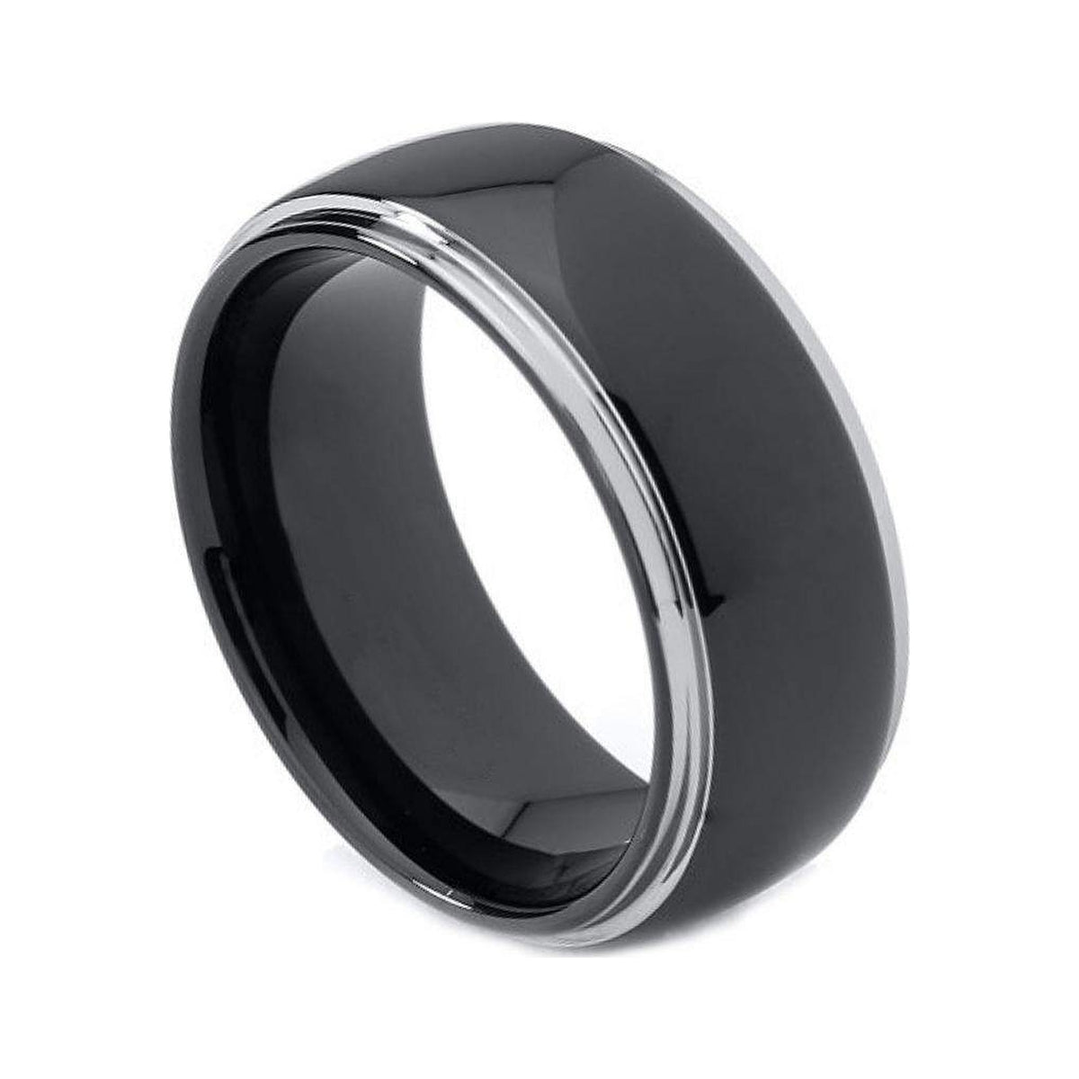 8mm Black Tungsten Domed Band with White Stepped Edges