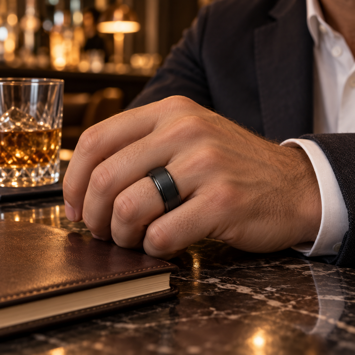 Lifestyle view of 8mm Black Tungsten Domed Brushed Band worn on hand