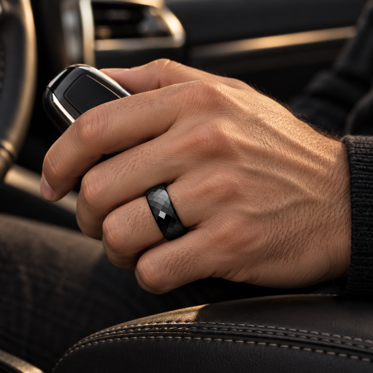 Lifestyle view of 8mm Black Tungsten Faceted-Cut Band worn on hand