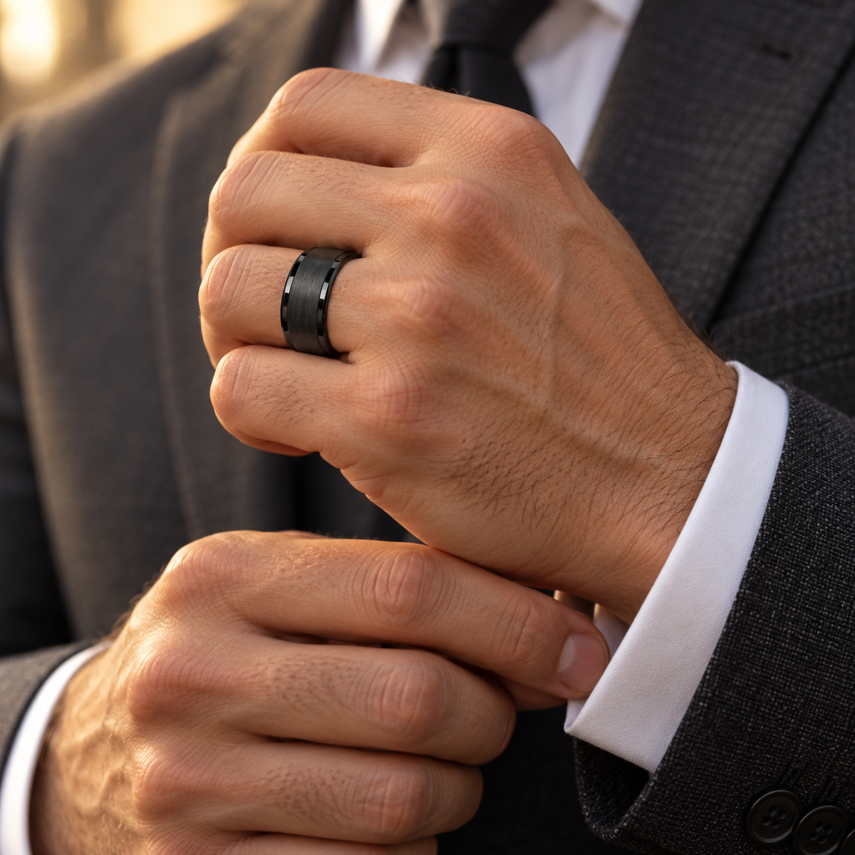 Lifestyle view of 8mm Black Tungsten Flat Brushed Band worn on hand