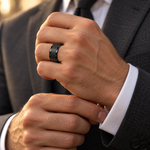 Lifestyle view of 8mm Black Tungsten Flat Brushed Band worn on hand