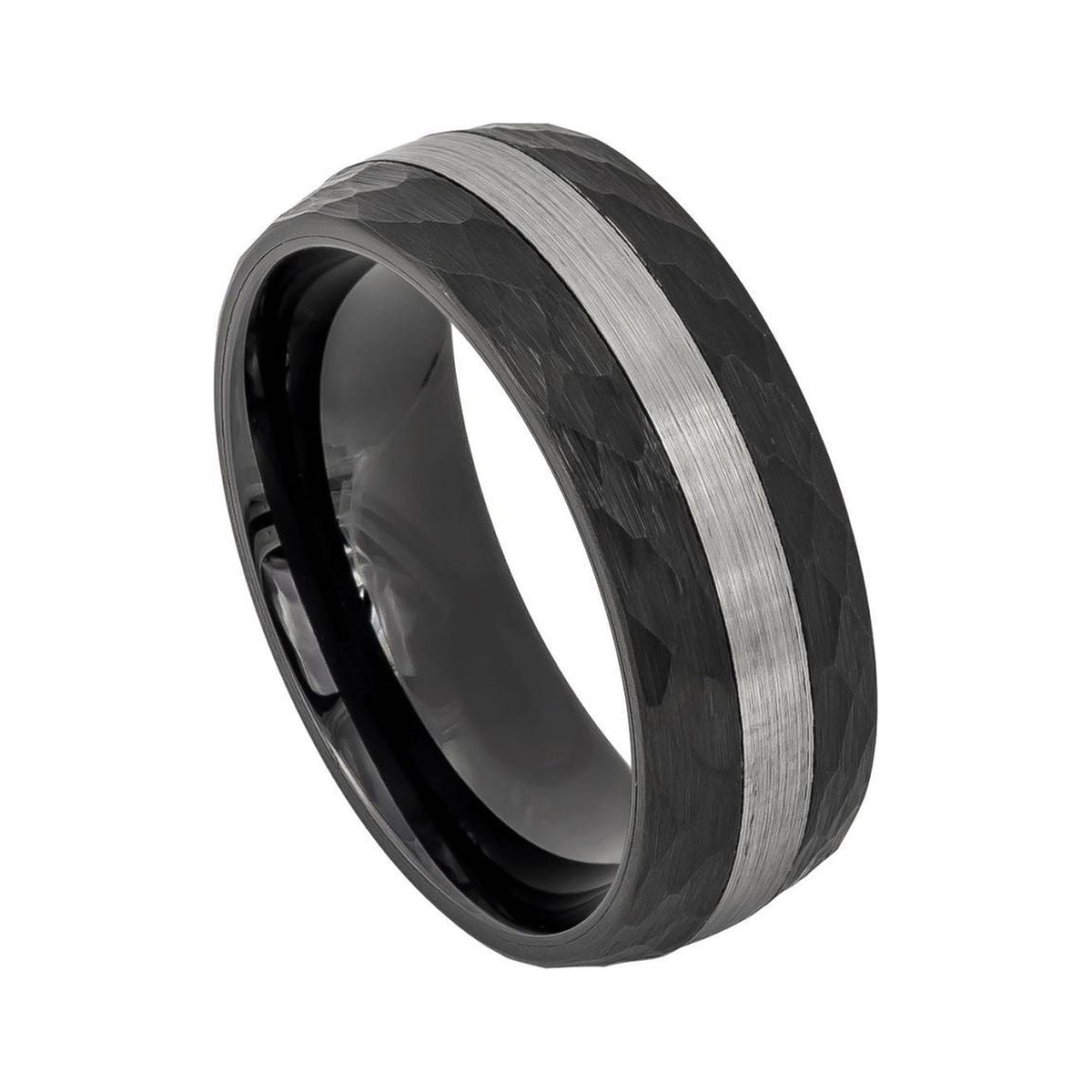 8mm Black Tungsten Hammered Band with Gray Center Stripe