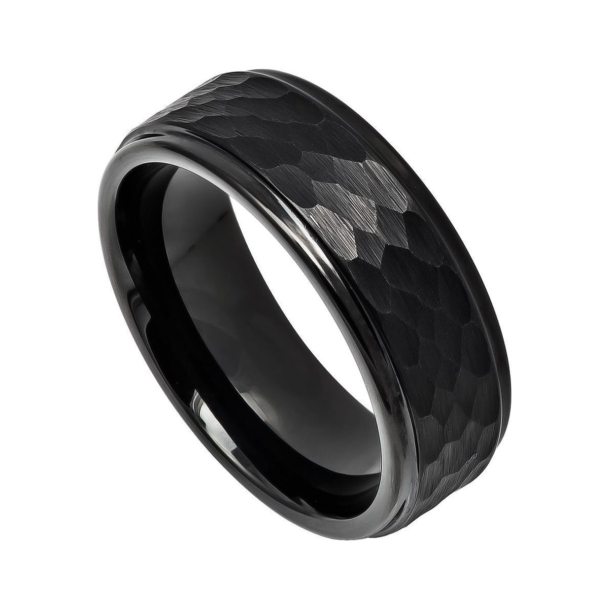 8mm Black Tungsten Hammered Band with Polished Stepped Edges