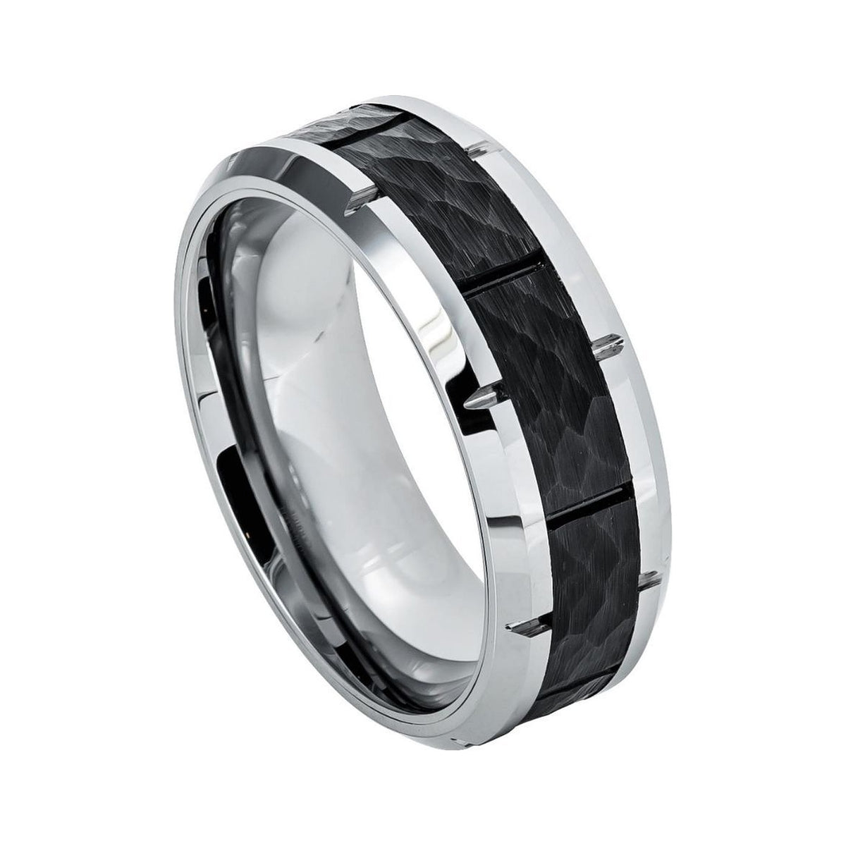 8mm Black Tungsten Hammered Beveled Band with Notched Edges